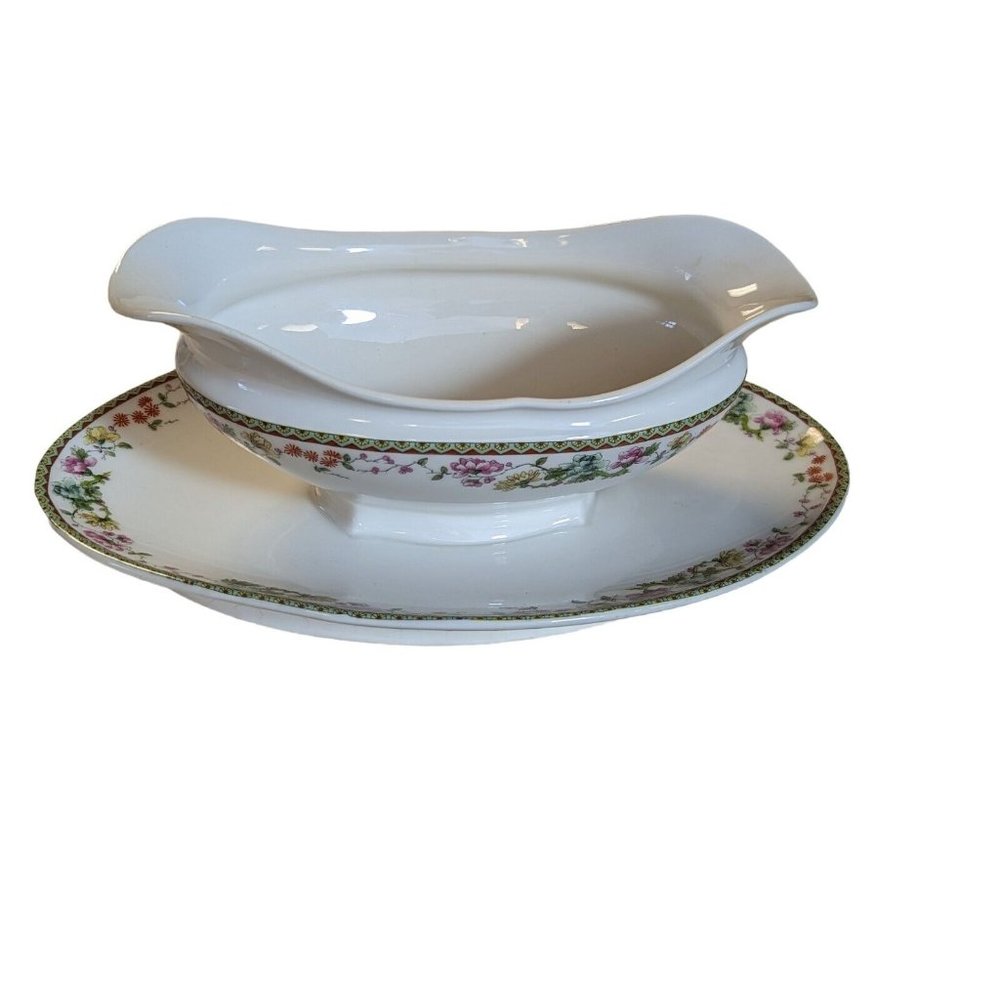 T&V Tressemanes & Vogt Limoges 6701 China Gold Pink Flowers - GRAVY BOAT